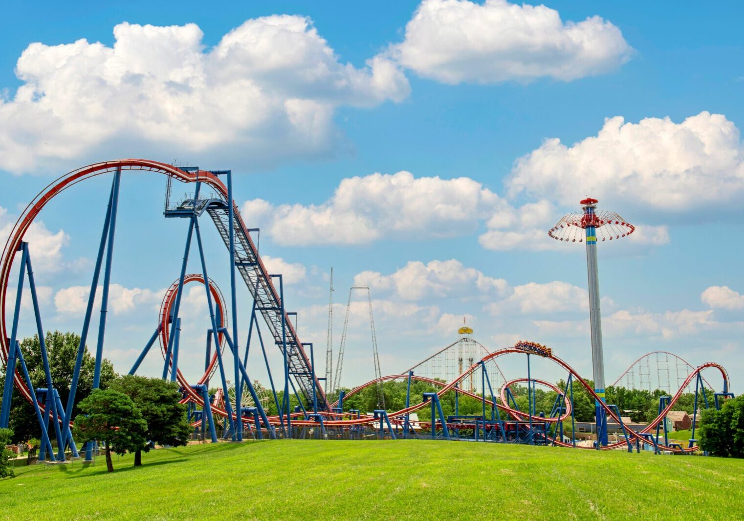 A wide shot of The Patriot rollercoaster at Worlds of Fun.