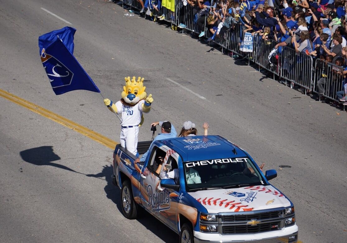 Royals’ mascot, Sluggerrr, rode near the front of the parade to get the crowd riled up following the Kansas City Royals' victory in the 2015 World Series. (Photo: Hilary Becker | Flatland)