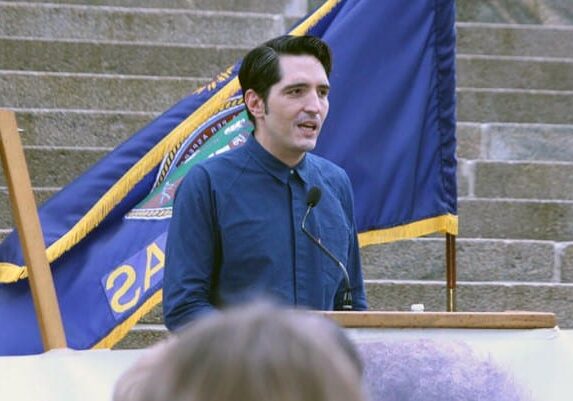 Actor David Dastmalchian spoke Friday outside the Statehouse at a rally highlighting mental health and addiction treatment options in Kansas. (Photo: Susie Fagan | Heartland Health Monitor)
