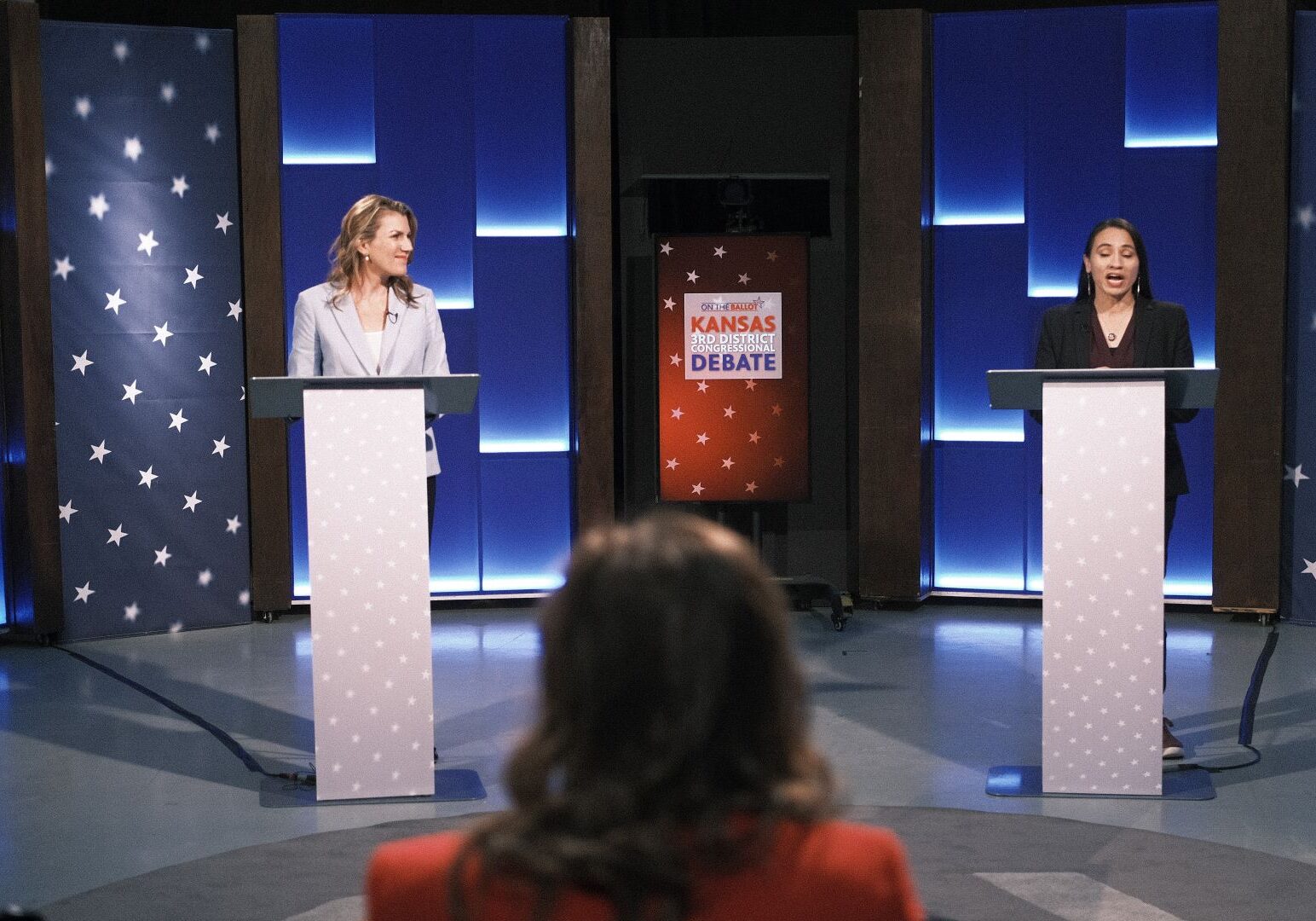Republican candidate Amanda Adkins (left) and incumbent U.S. Rep. Sharice Davids participated in a 3rd Congressional District debate on Friday at the studios of Kansas City PBS.
