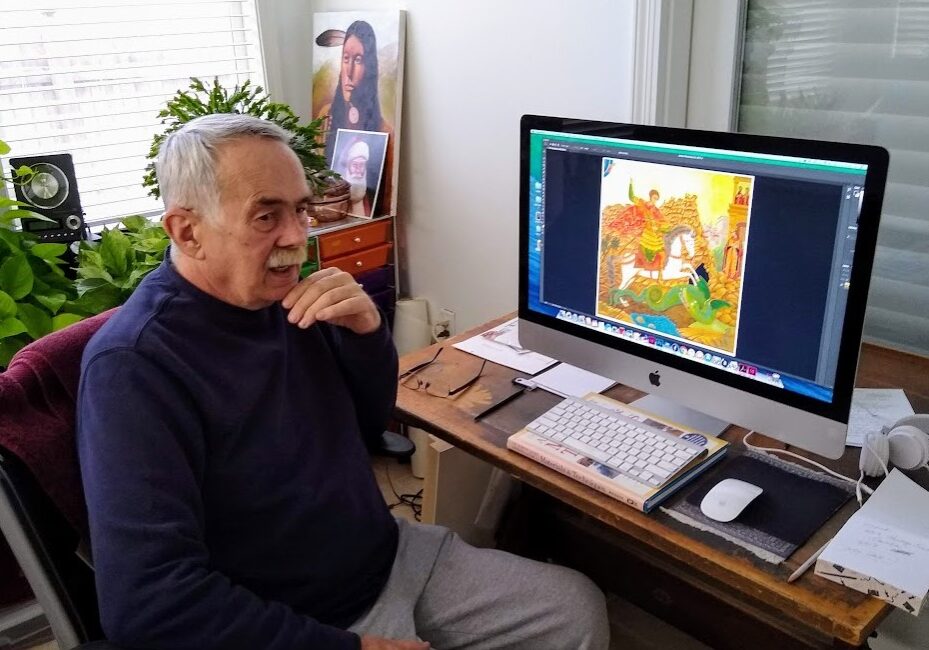 Artist Tom Dolphens displays on his computer a picture of an icon he did years ago, “St. George the Dragon Slayer.”