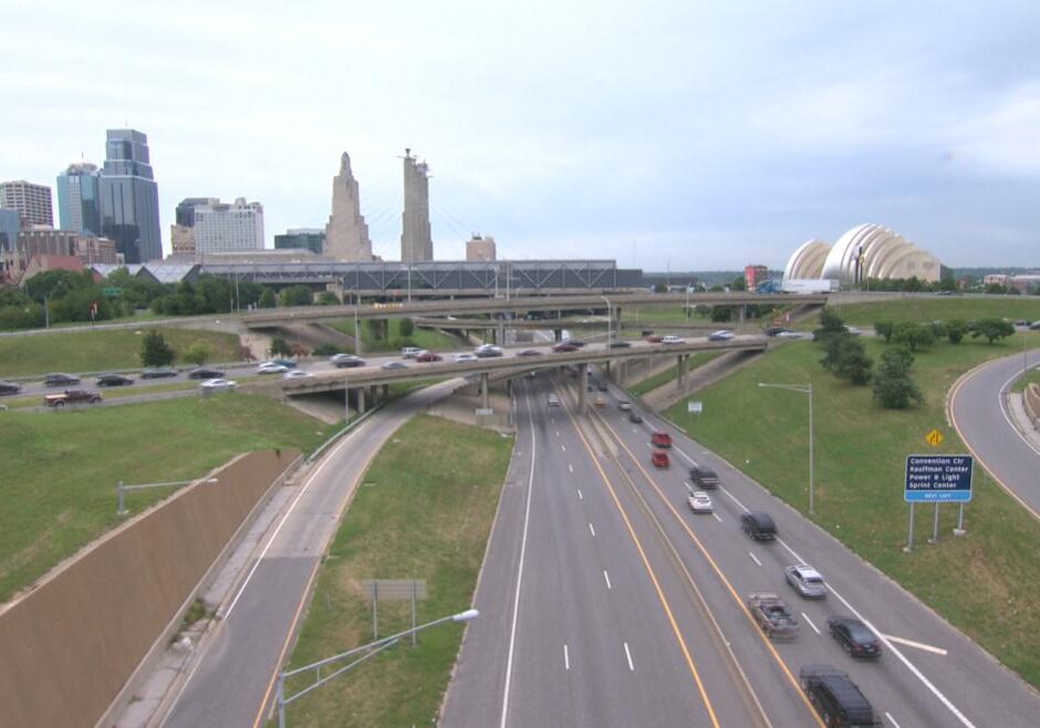 Highway approaching Kansas City from the North with the skyline in the background