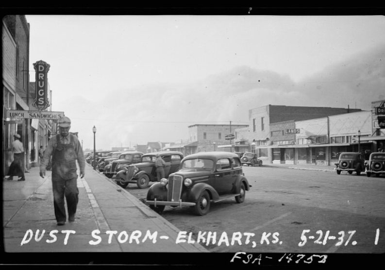A dust storm approaches the southwest Kansas town of Elkhart during the Dust Bowl in 1937.