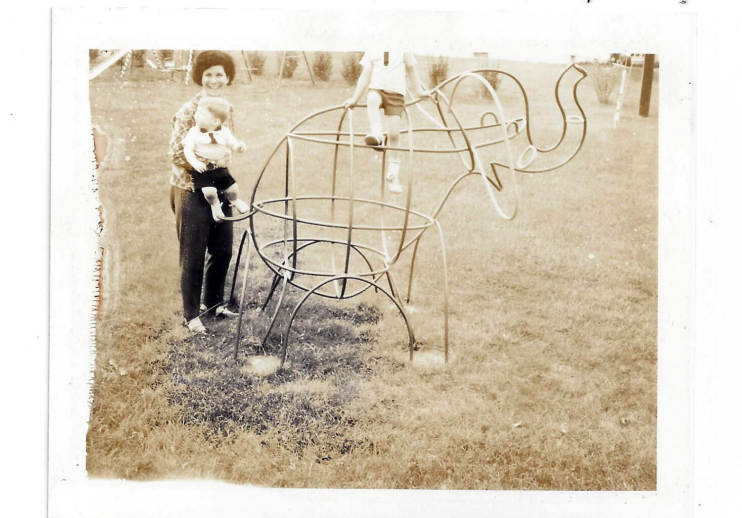 Jac T Bowen's custom sculpture, an elephant, in a backyard with the family