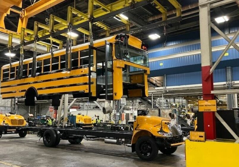 An electric school bus being assembled at IC Bus in Tulsa.