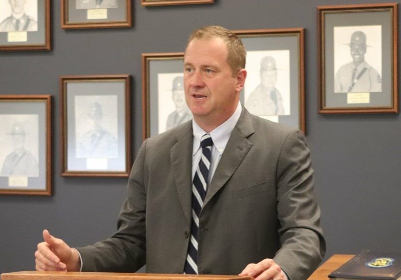 Missouri Attorney General Eric Schmitt speaks to a gathering of Missouri Highway Patrol officers in April 2021.