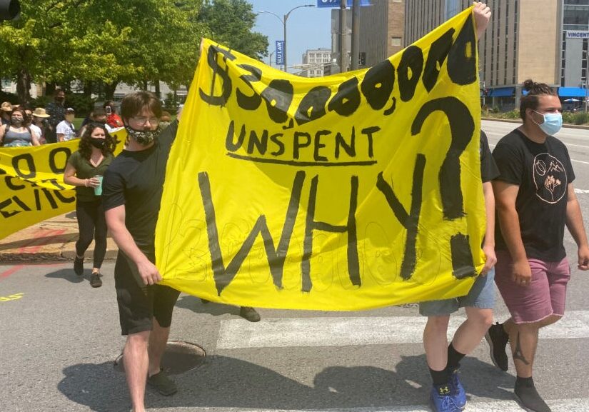 The St. Louis Housing Defense Collective held a rally downtown on Aug. 2, 2021, demanding that housing assistance get into the hands of those facing evictions.