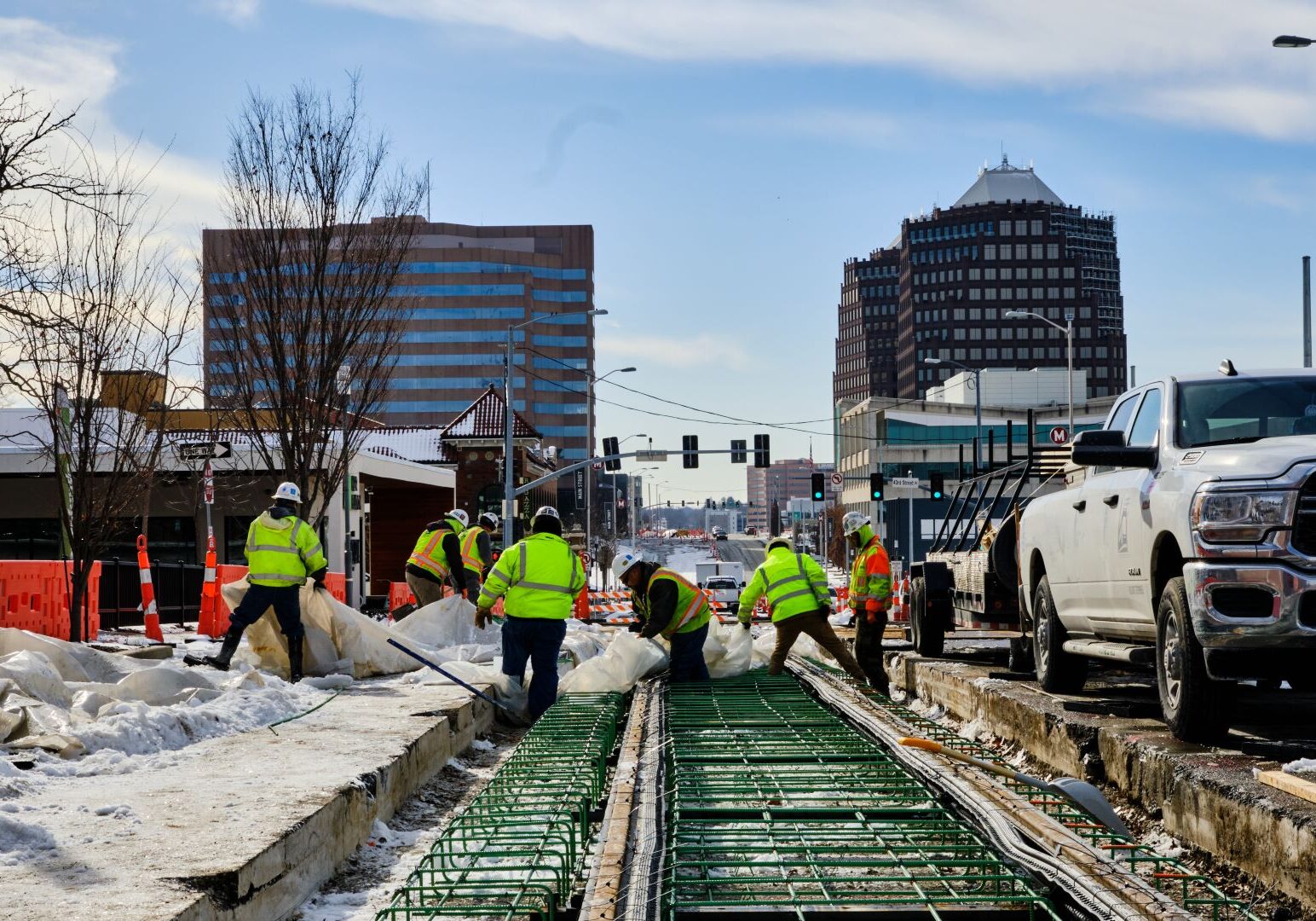 A view of work on a streetcar extension looking south from about 43rd and Main streets.