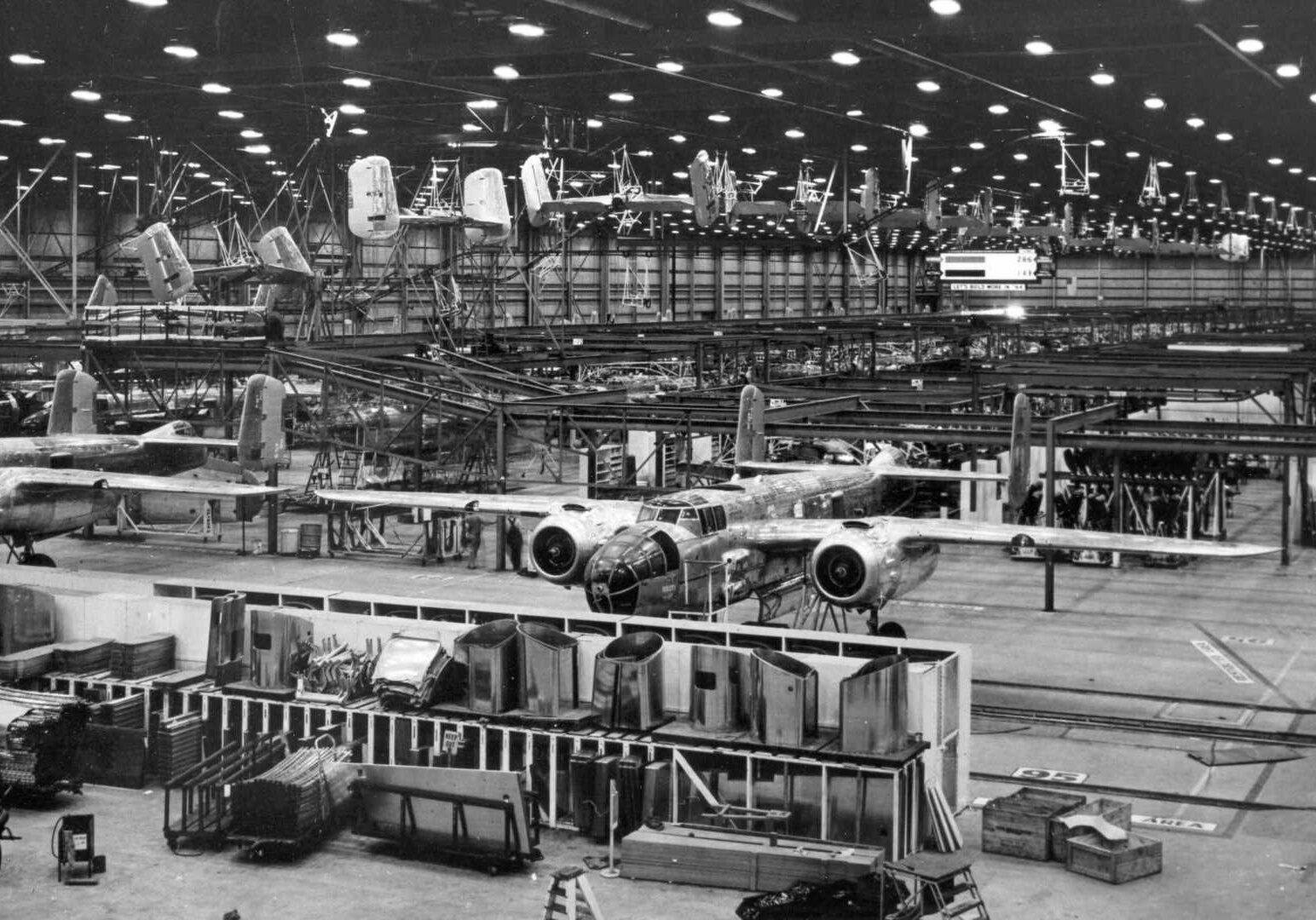 Workers at the North American Aviation plant in the Fairfax Industrial District produced 6,680 B-25s during World War II.