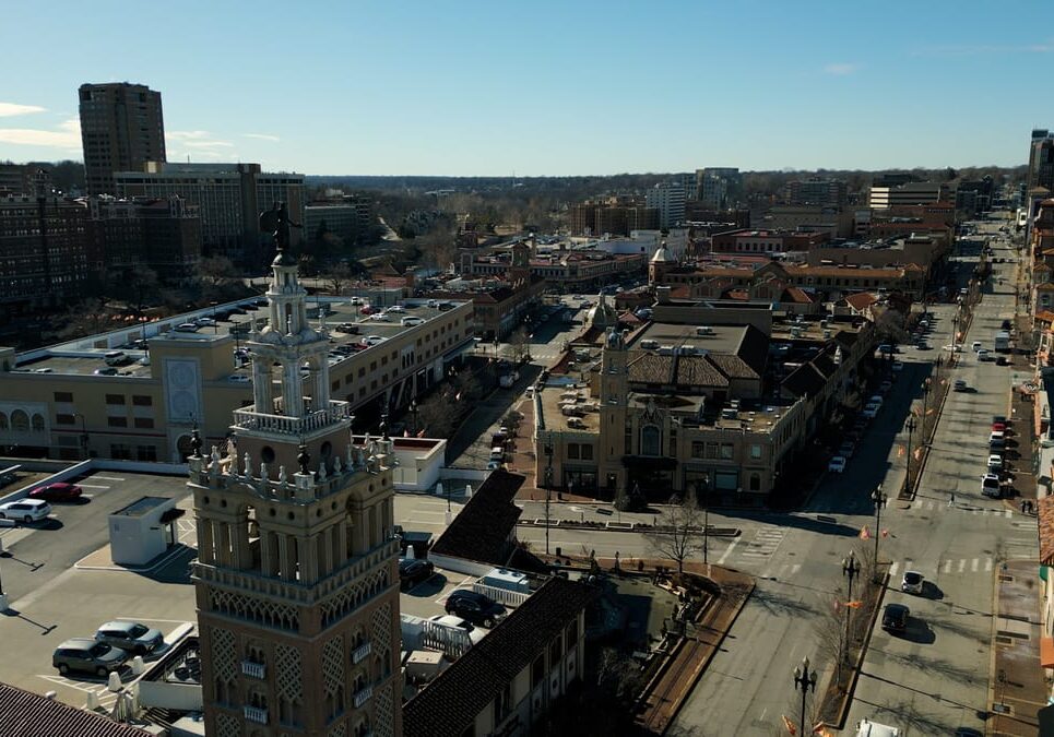A bird's eye view of the Country Club Plaza on a clear day.