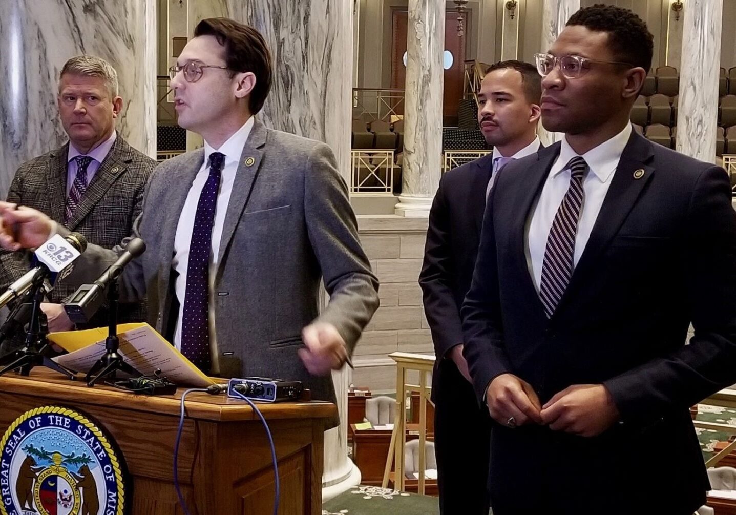 Senate Minority Leader John Rizzo, D-Independence, speaks Thursday at a weekly leadership news conference with (from left) Sens. Doug Beck, D-Affton, Steve Roberts, D-St. Louis, and Brian Williams, D-University City.