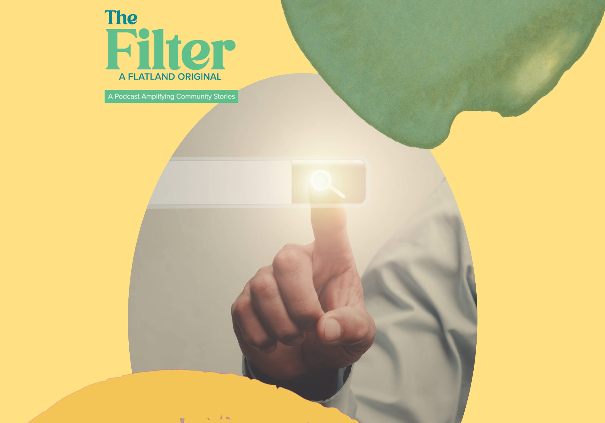 A photo illustration of a hand tapping on a search bar.