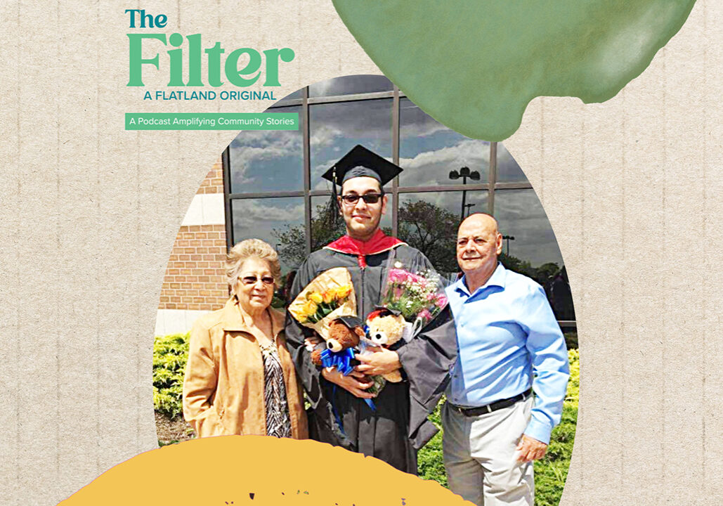 A graduate holds flowers with his grandparents flanking each side. The words "The Filter" podcast name is overlaid with yellow and green accents.