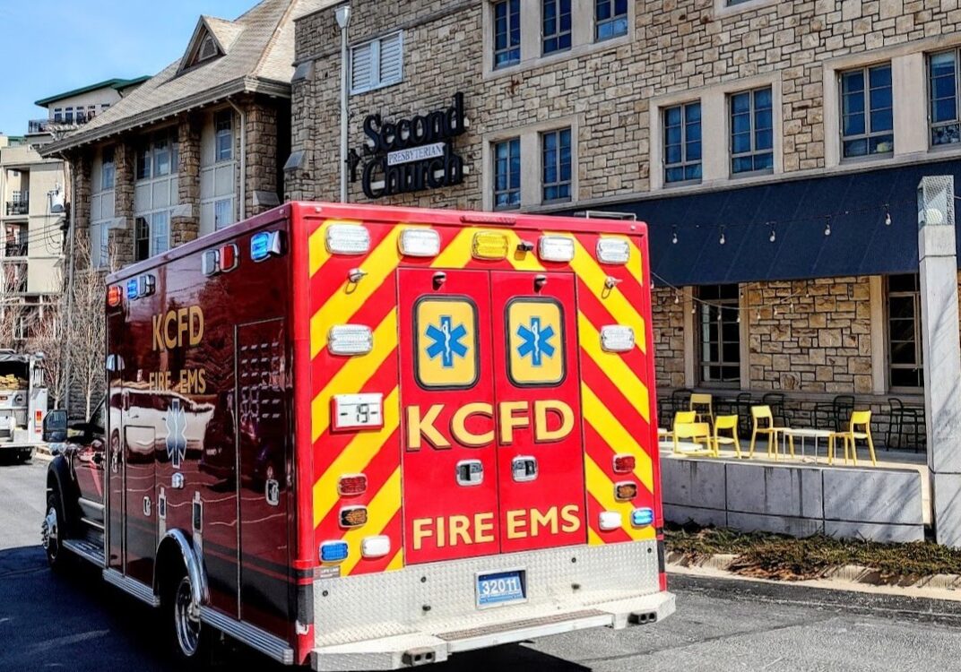A Kansas City Fire Department truck parked outside of Second Presbyterian Church in Brookside.