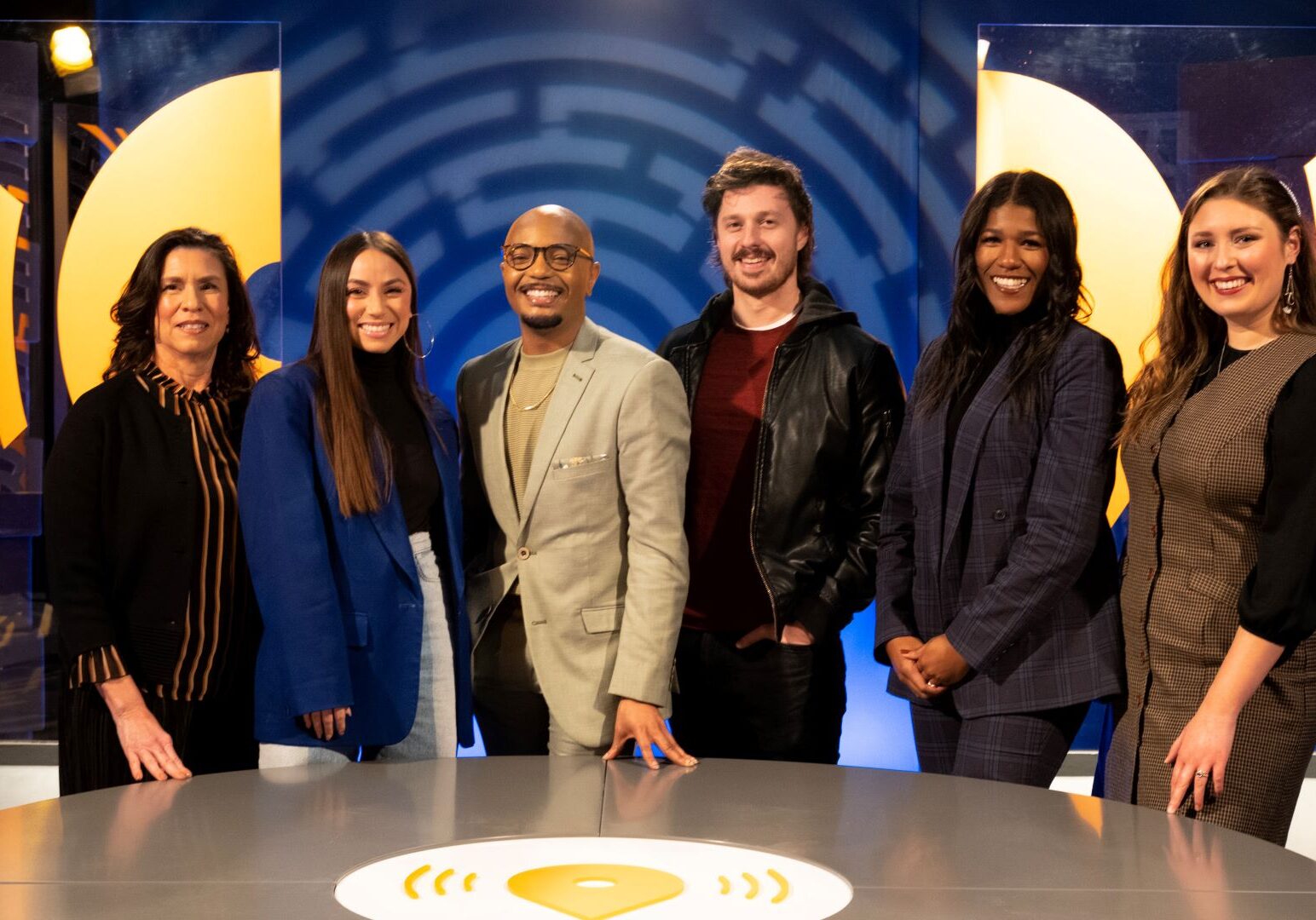 Flatland reporters, producers and host Mary Sanchez, Vicky-Diaz Camacho, D. Rashaan Gilmore, Cody Boston, Catherine Hoffman and Cami Koons on the set at Kansas City PBS.