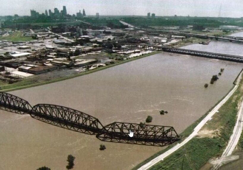 High water along the Missouri River during the flood of 1993. The downtown skyline is in the background.