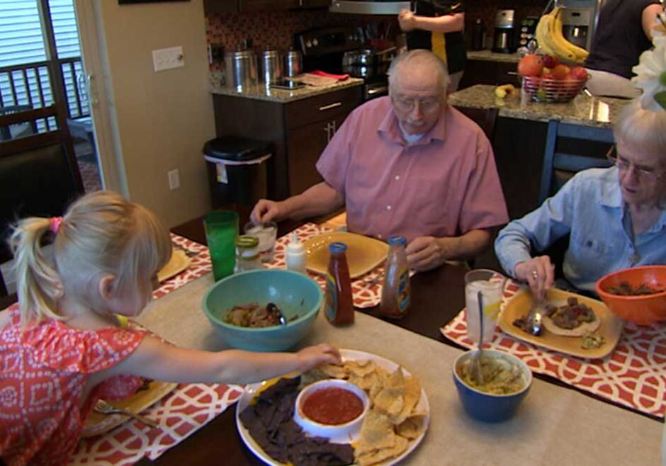 Sherri and Kyle Erkel have a 5-year-old daughter, Asa, and live with Kyle’s parents Joyce and Pat. (Pat Aylward/NET News)