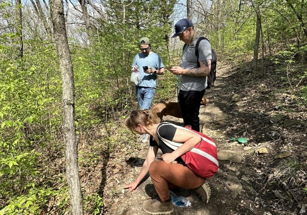 Jay Sanders of Drastic Measures in Shawnee, Rick Mullins of Redbud Kansas City and Raney Yelenich, an amateur mycologist, head into the woods to forage for cocktail ingredients.