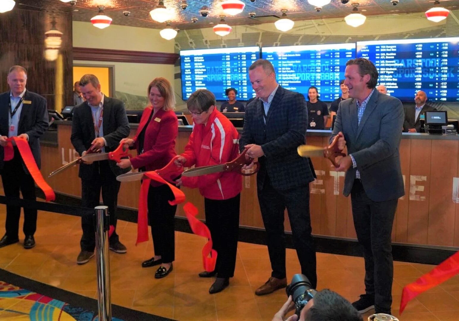 Gov. Laura Kelly and others officially declare sports betting open on Sept. 1 at the Hollywood Casino-Barstool Sports Sportsbook in Kansas City, Kansas.
