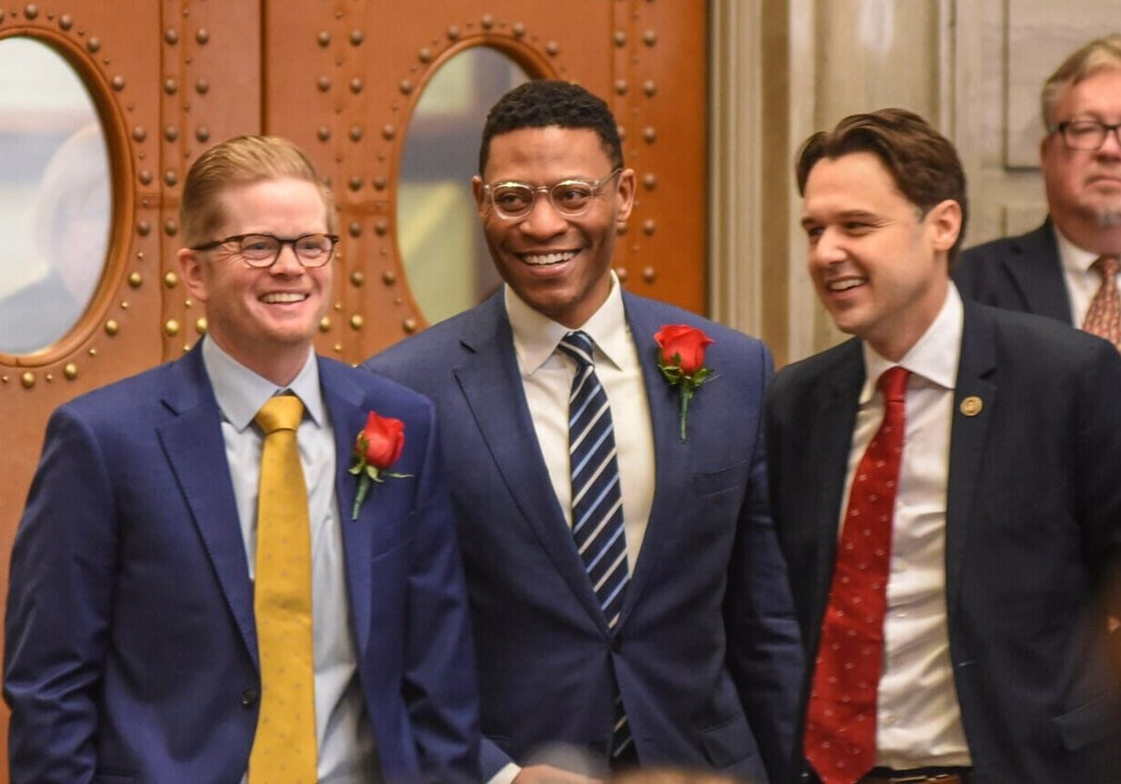Senate President Pro Tem Caleb Rowden, R-Columbia, chats with Sen. Brian Williams, D-University City, and Senate Minority Leader John Rizzo, D-Independence, on the opening day of the 2023 session in January.