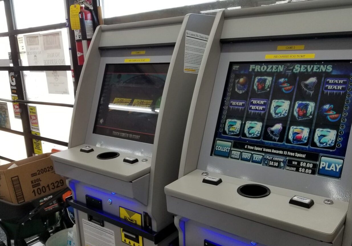 Two “no-chance” gambling machines await customers in a Columbia convenience store.