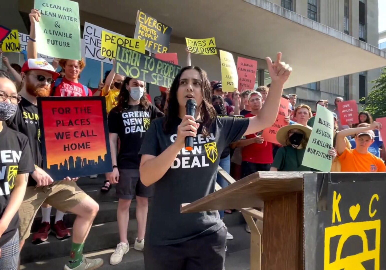 Local climate activist Laela Zaidi gives a speech at a Sunrise Movement KC rally.