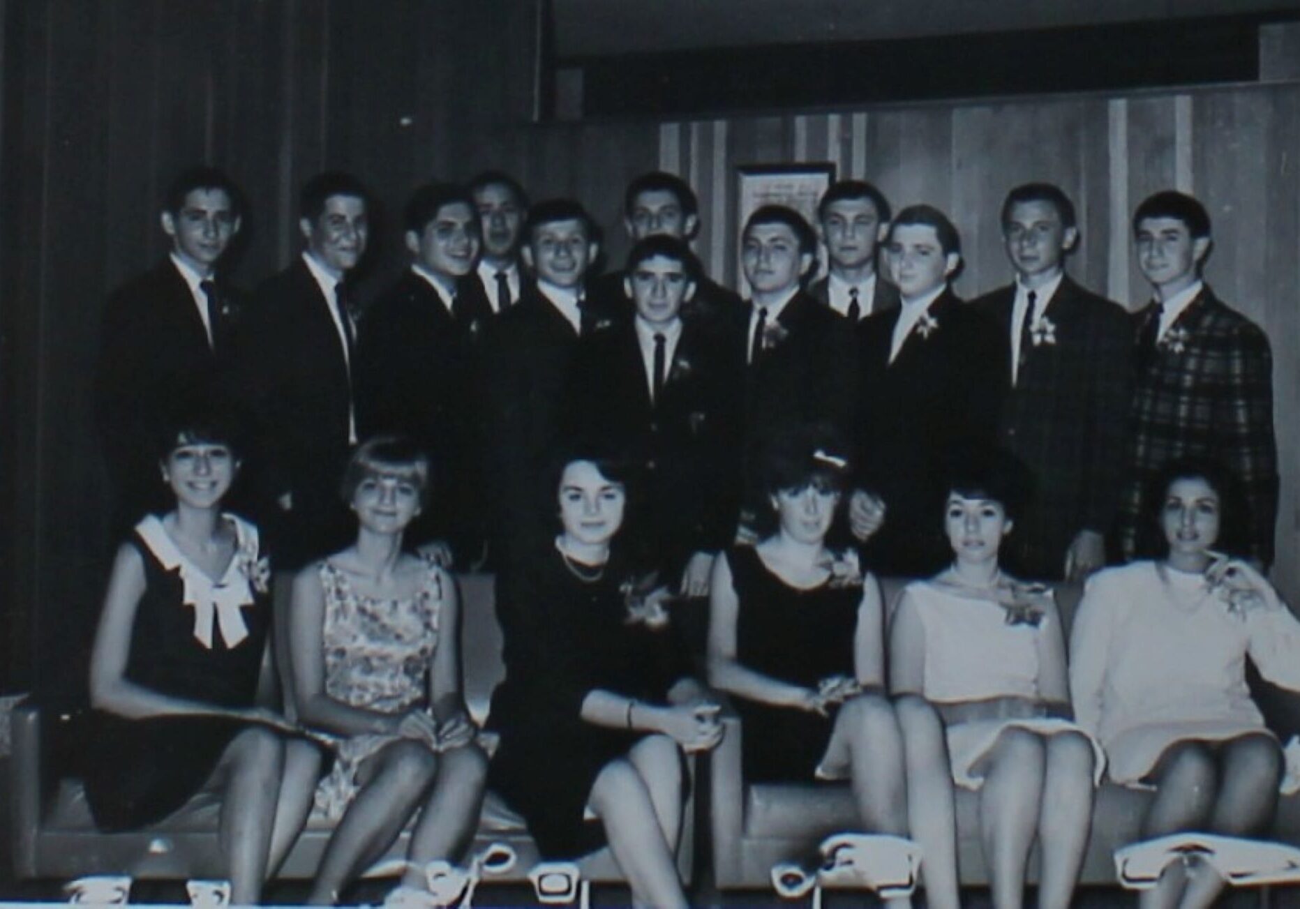 In June 1964, Jewish teens in Kansas City gather for a group shot at a party celebrating the first high school graduation of children of Holocaust survivors.
