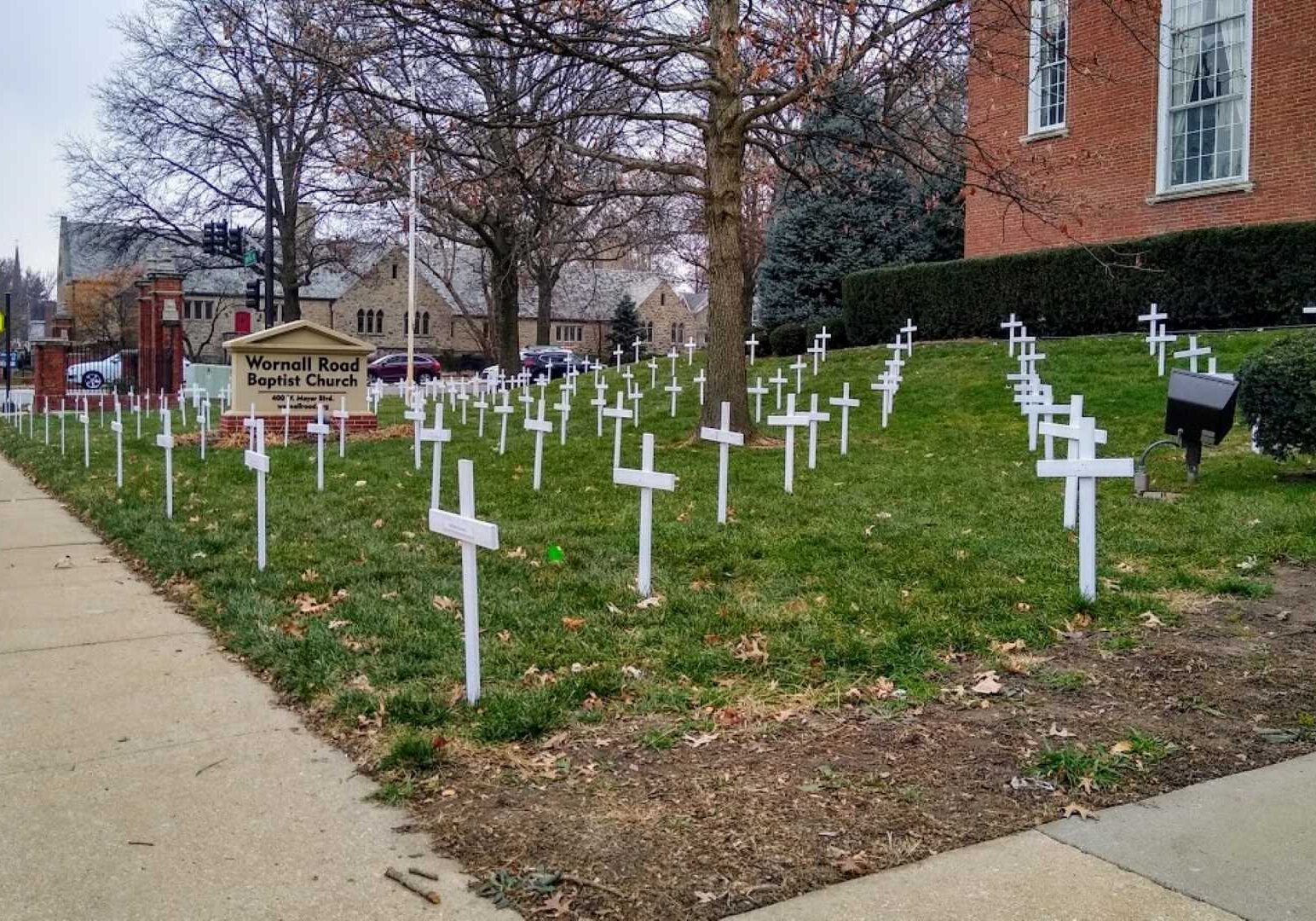 Crosses on the lawn of Wornall Road Baptist Church at Meyer Boulevard and Wornall Road.