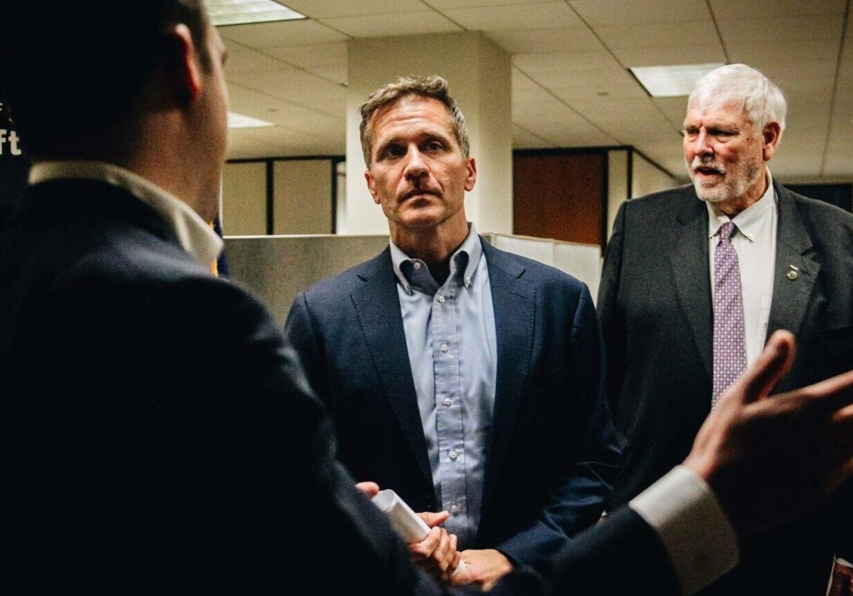 Eric Greitens is directed to a press conference with the media after filing to run in the Missouri Senate primary on Feb. 22, 2022, at the James C Kirkpatrick State Information Center in Jefferson City.