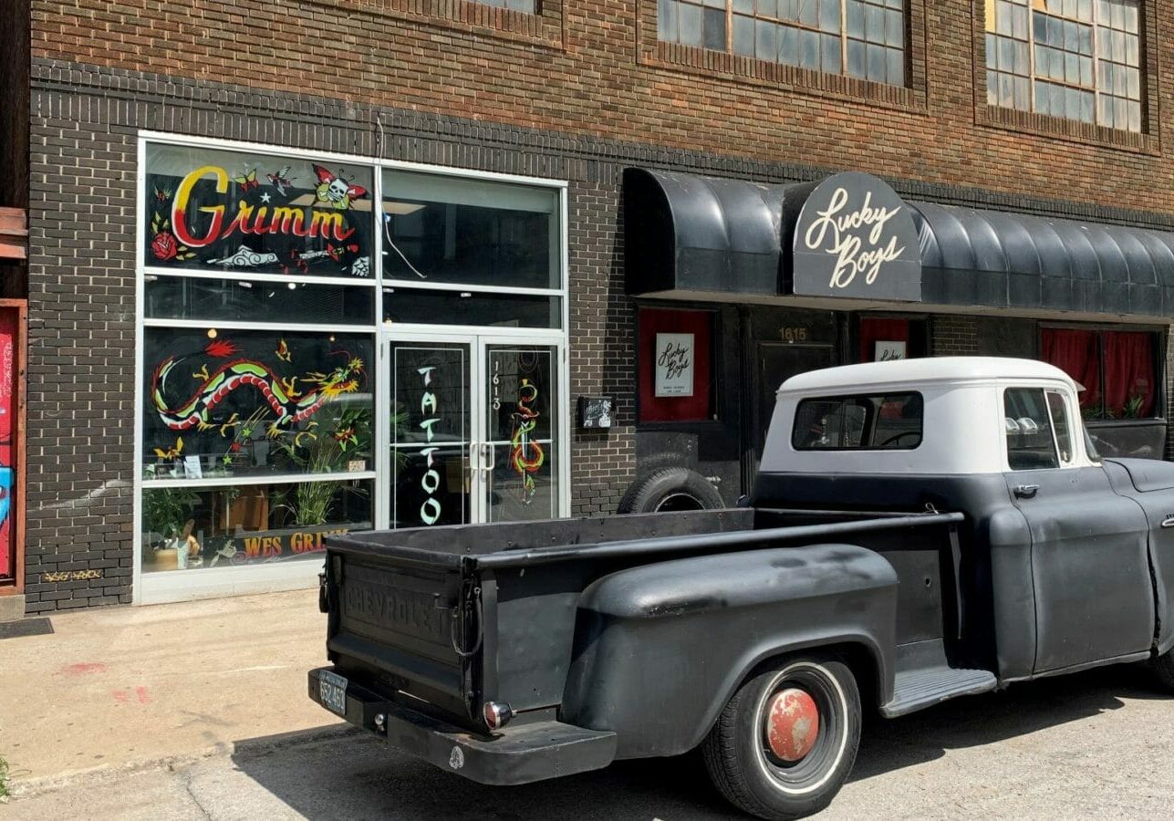 The front entrance of Grimm Tattoo in the West Bottoms.