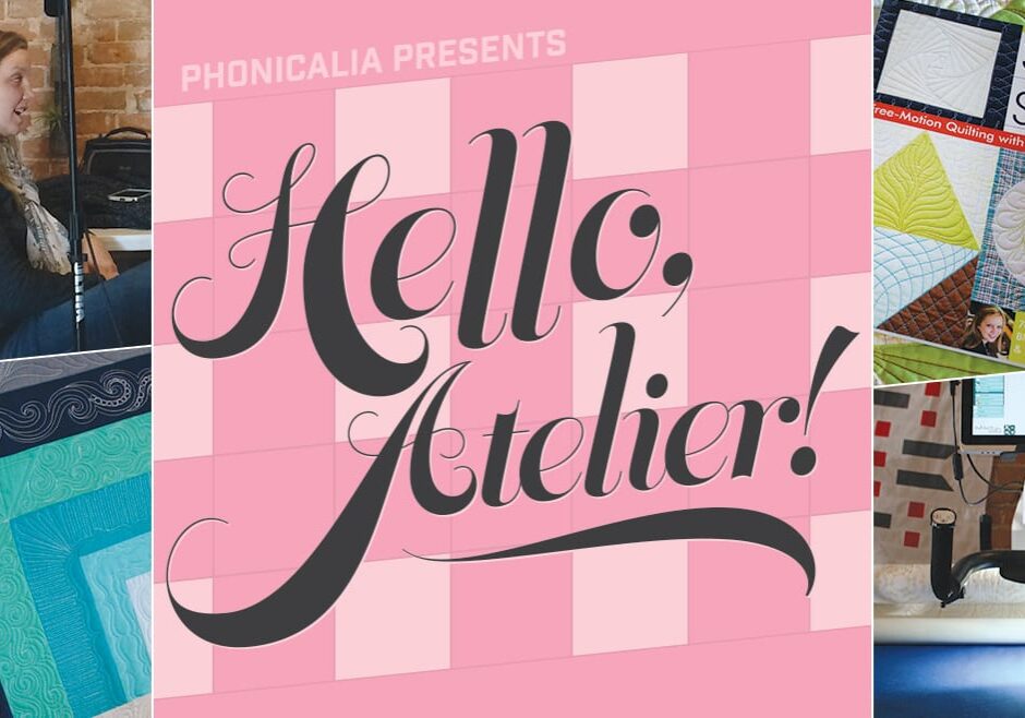 A collage of pictures with a woman, and quilts