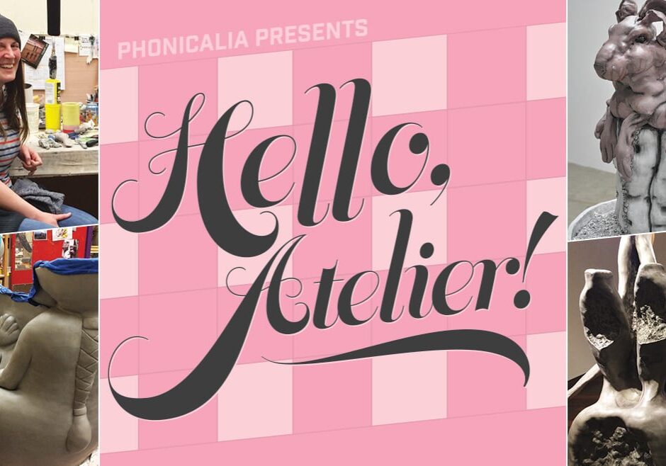 A collage with a woman and her sculptures