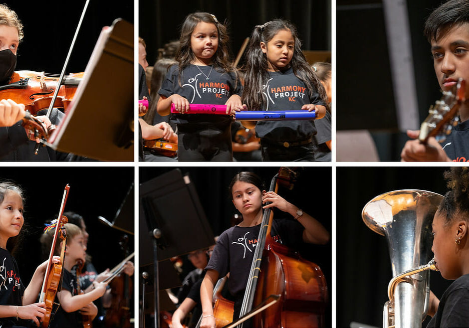 A collage of six photos of children in Harmony Project KC playing instruments.