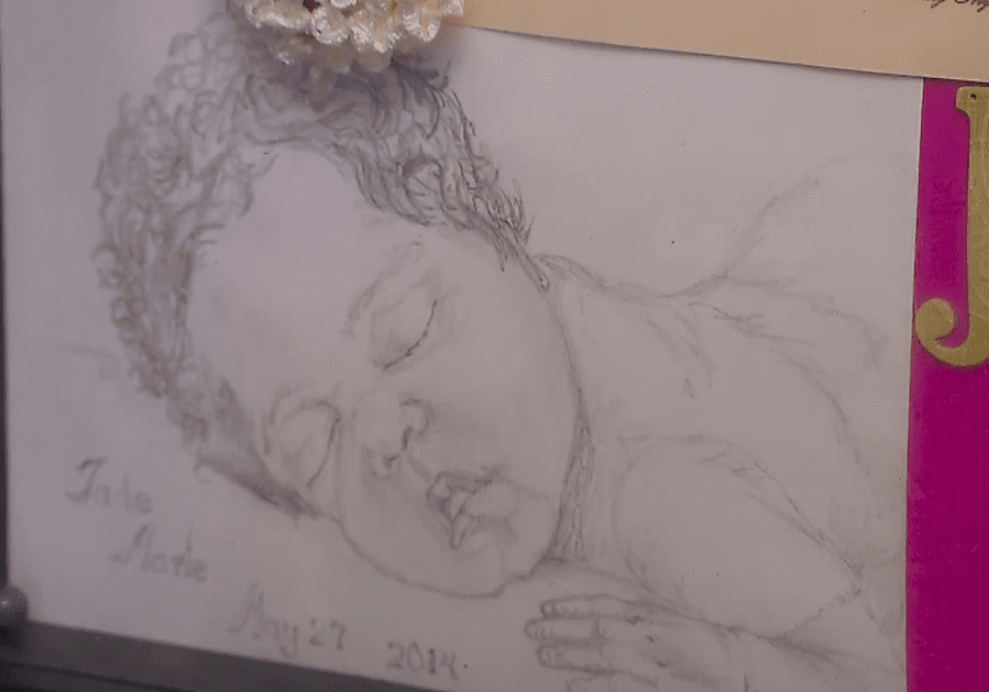 The hospital presented this sketch of Jade Marie Anderson to her parents after her stillbirth in May 2014. Her mother, Ashley Anderson, who lived in Kansas City, Kansas at the time of the birth, has the sketch in a glass-covered keepsake box that also includes locks of Jade's hair, a headband from an outfit provided by the hospital, and a birth souvenir provided in place of a birth certificate.