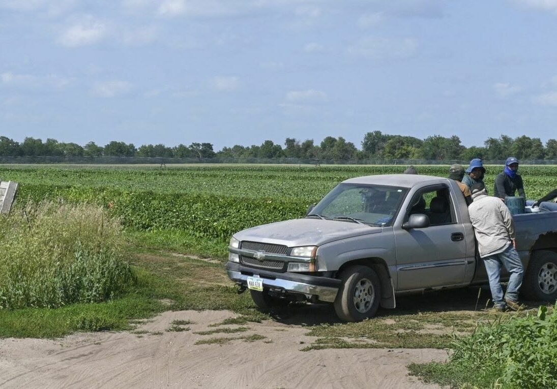 Farmworkers take a quick break in a field in southeastern Iowa.