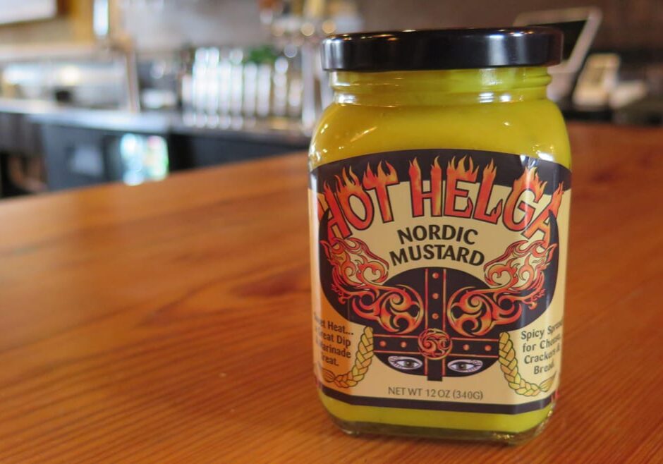 A shot of Hot Helga's mustard bottle.