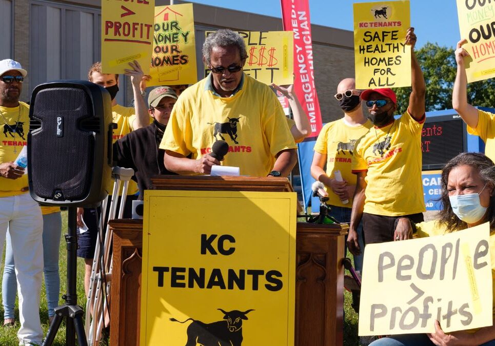 Harvey Nash speaks at a KC Tenants press conference on the group's eight demands to improve Kansas City's rental assistance program.