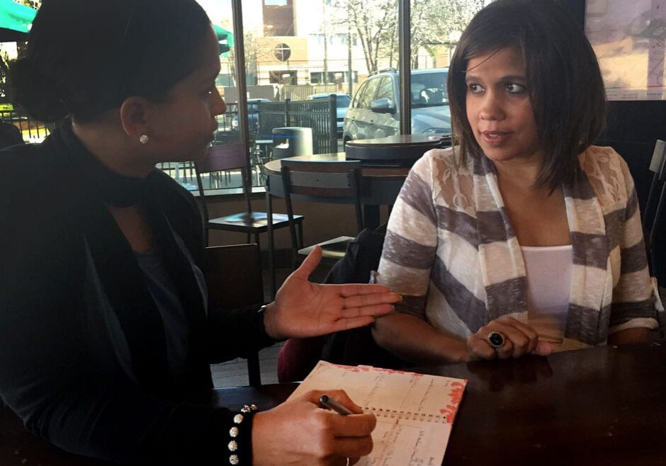 Consuelo Ross, patient navigator, and Melissa Lloyd, breast cancer patient, often meet at coffee shops and restaurants to discuss Lloyd's treatment. Photo by Caitlin Cress, Flatland