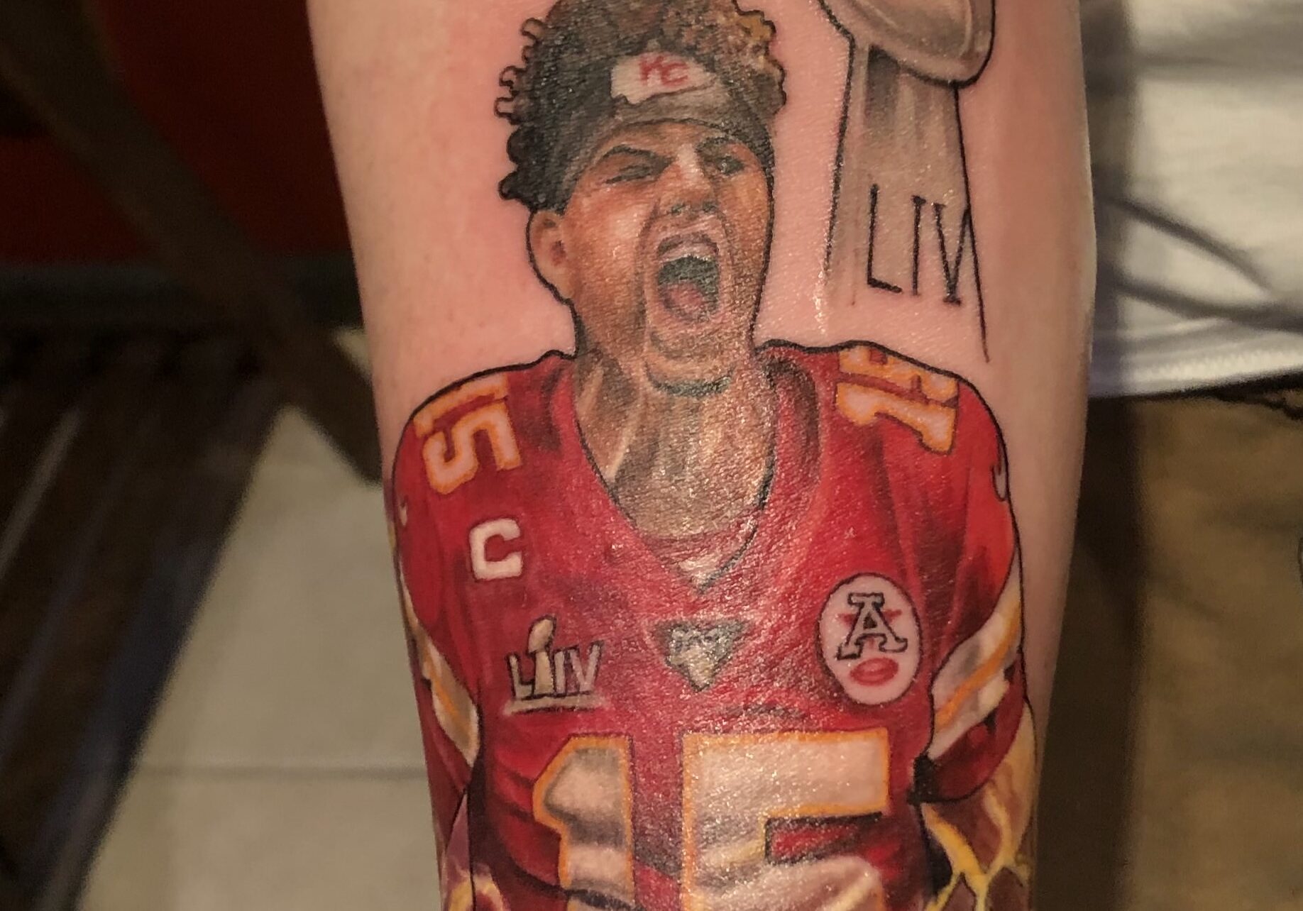 A tattoo of Chiefs QB Patrick Mahomes.