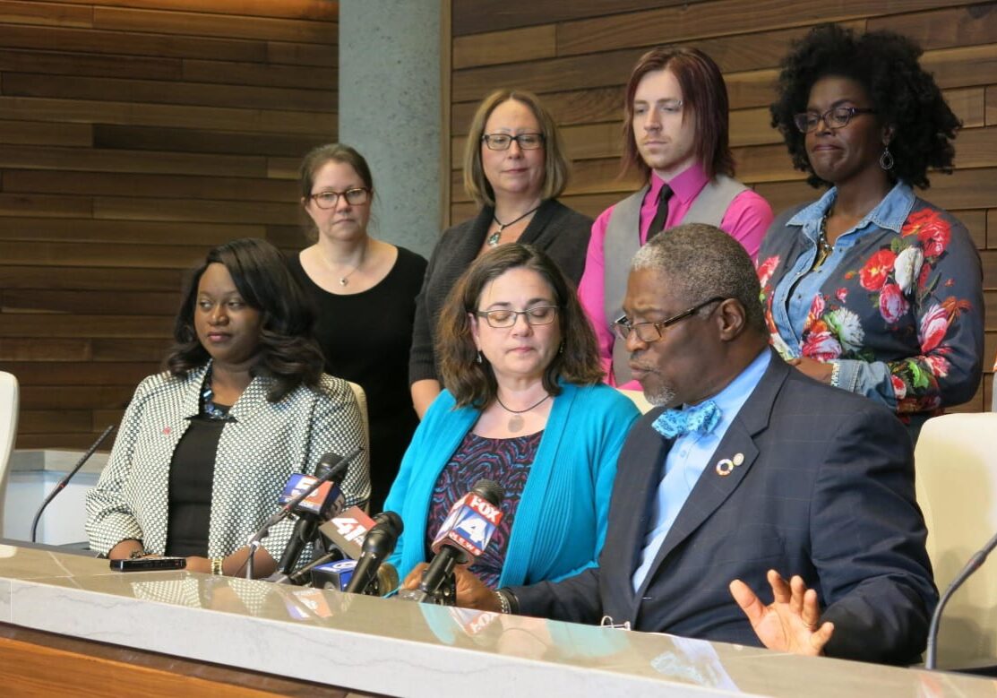 Kansas City Mayor Sly James, bottom right, announced the formation of a Citizen Task Force to prevent violence in November, 2015. The task force held a public meeting last week. (Photo: Elle Moxley | KCUR)