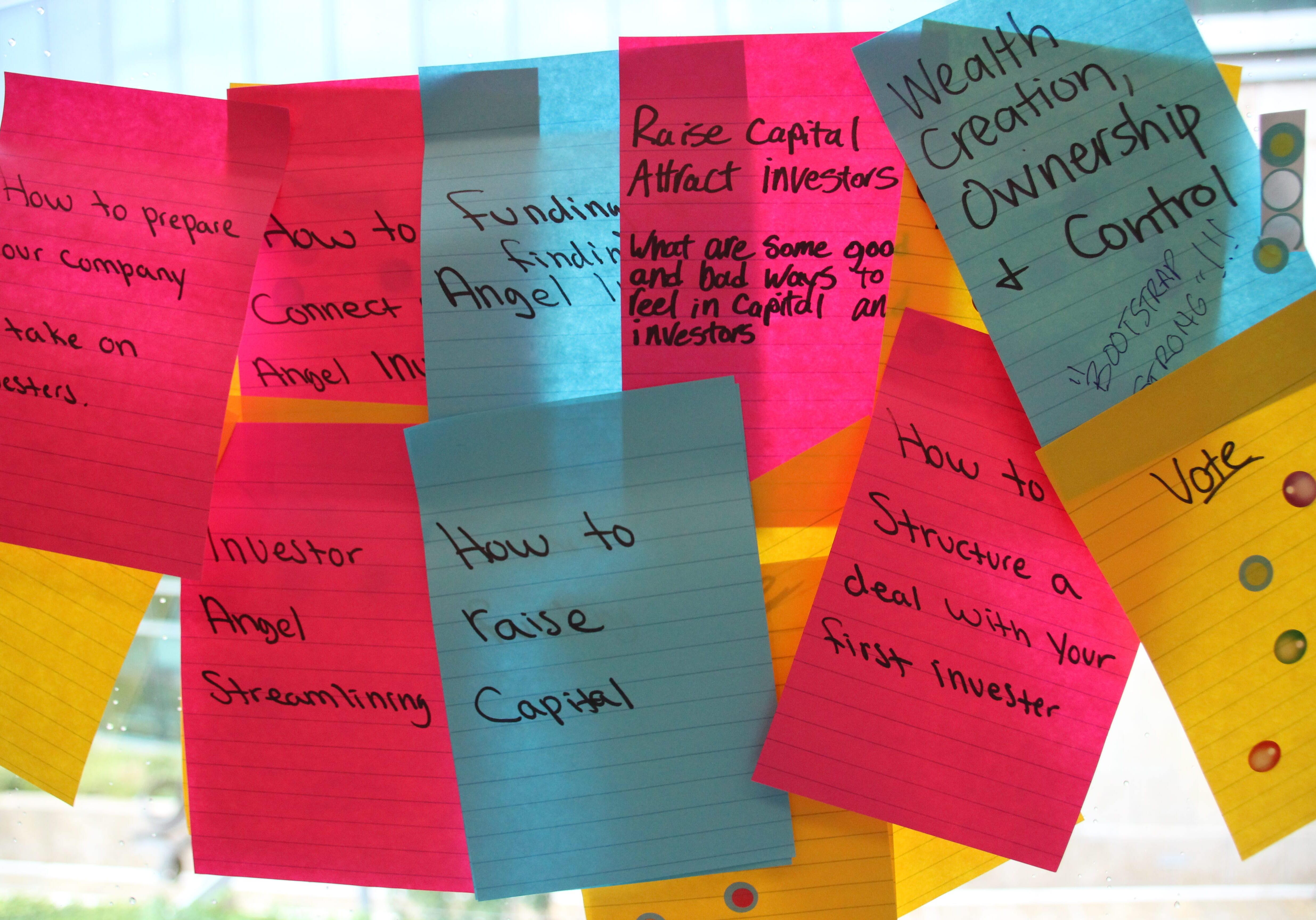 This is a picture of notes pressed against a window with business questions.