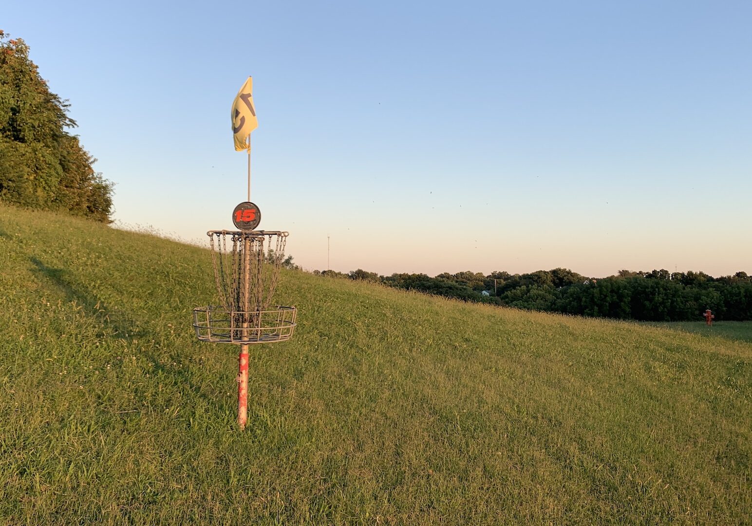 A disc golf basket in Kessler Park on Cliff Drive.