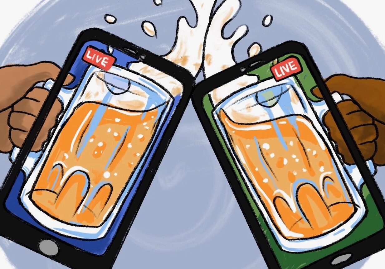 An illustration of two phones full of beer clinking cheers.