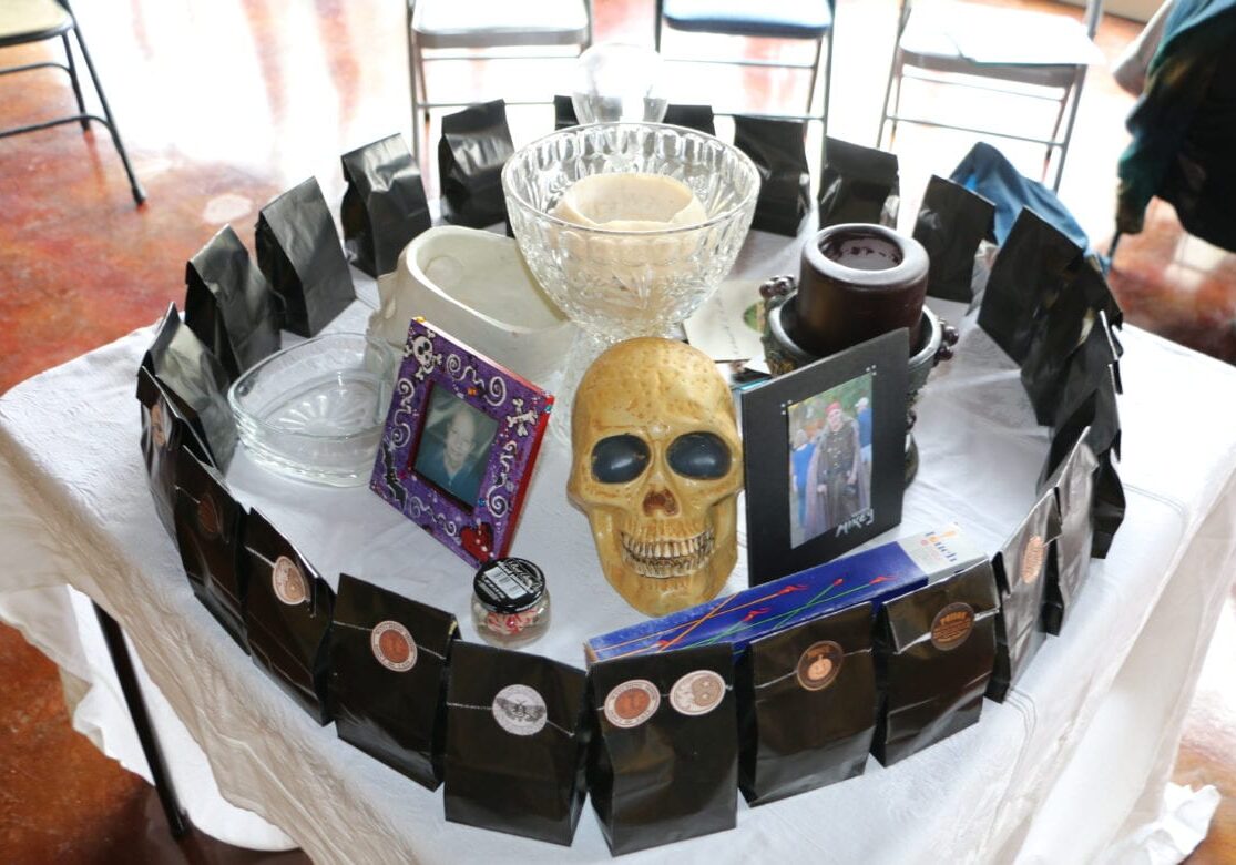 An altar with photos and candles.