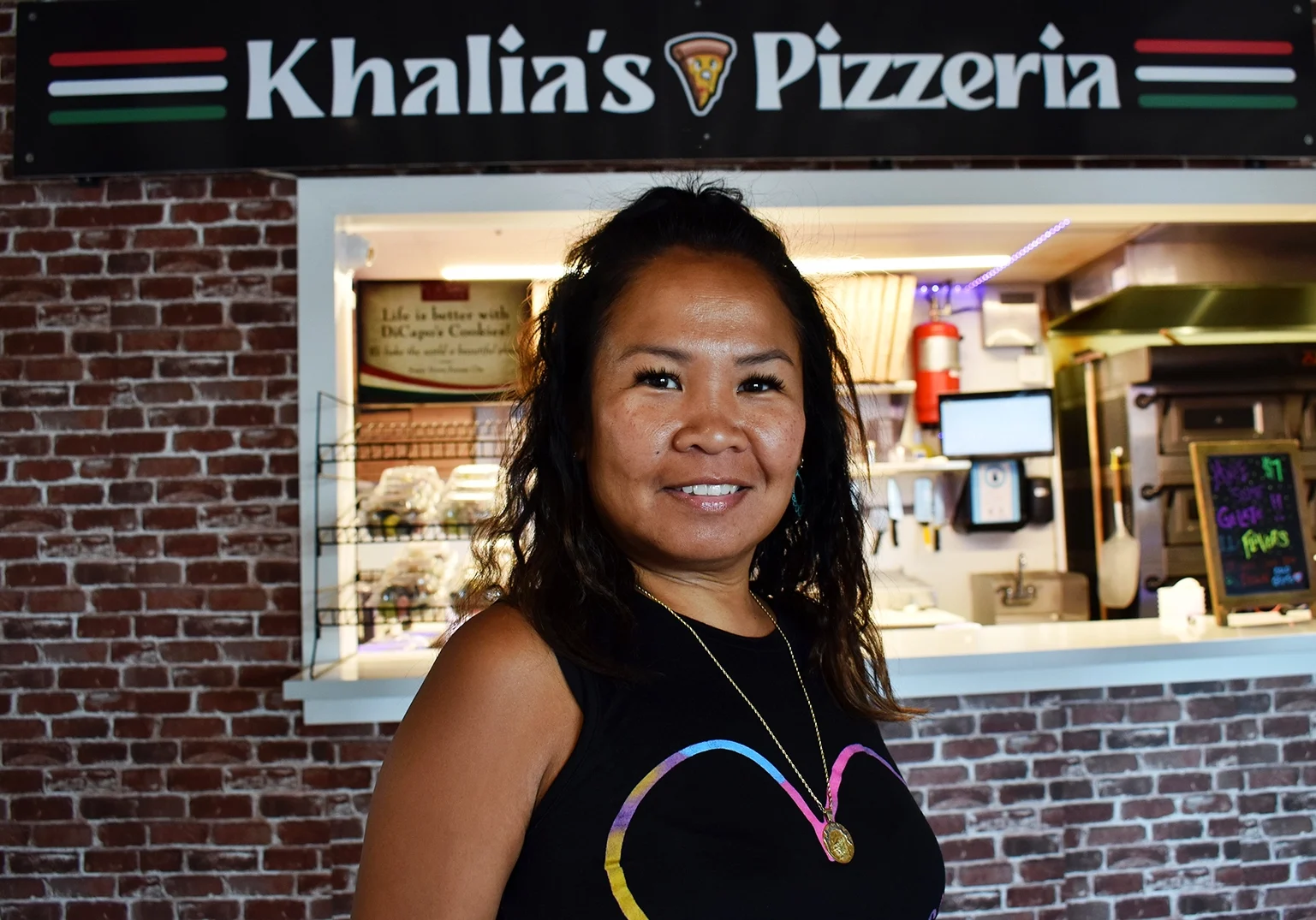 Theresa “Ting” Santos at Khalia’s Pizzeria.