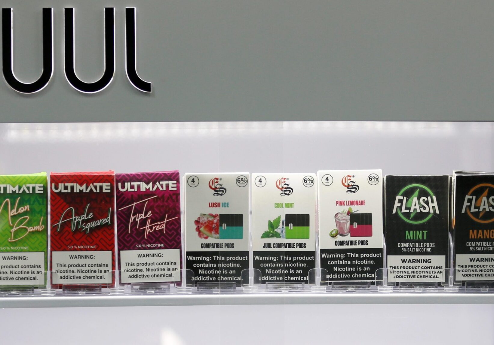 Picture of flavored JUUL e-cigarette products.