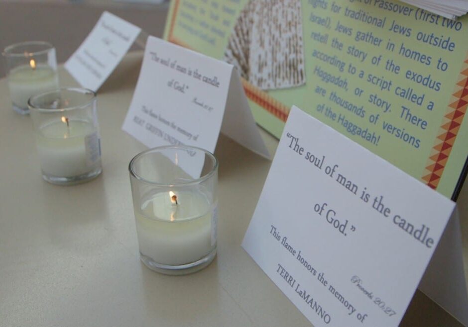 Photo of lit candles on the table with cards.