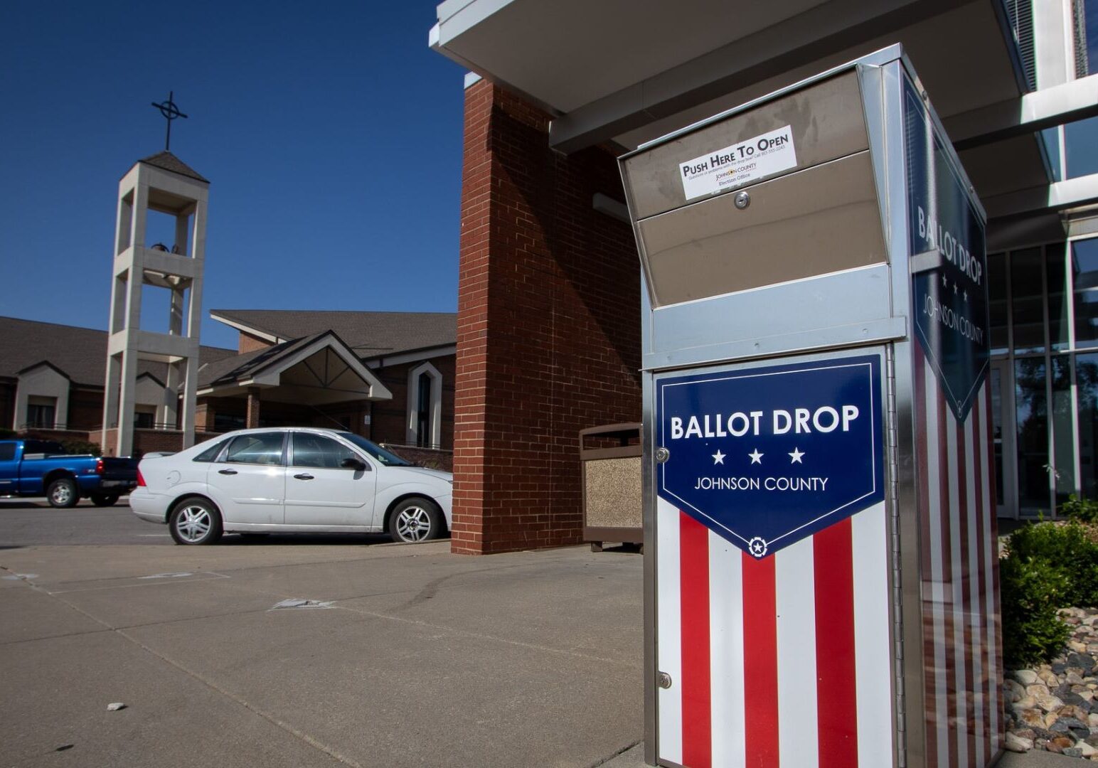 A Johnson County ballot drop box outside the Gardner branch of the Johnson County Public Library.