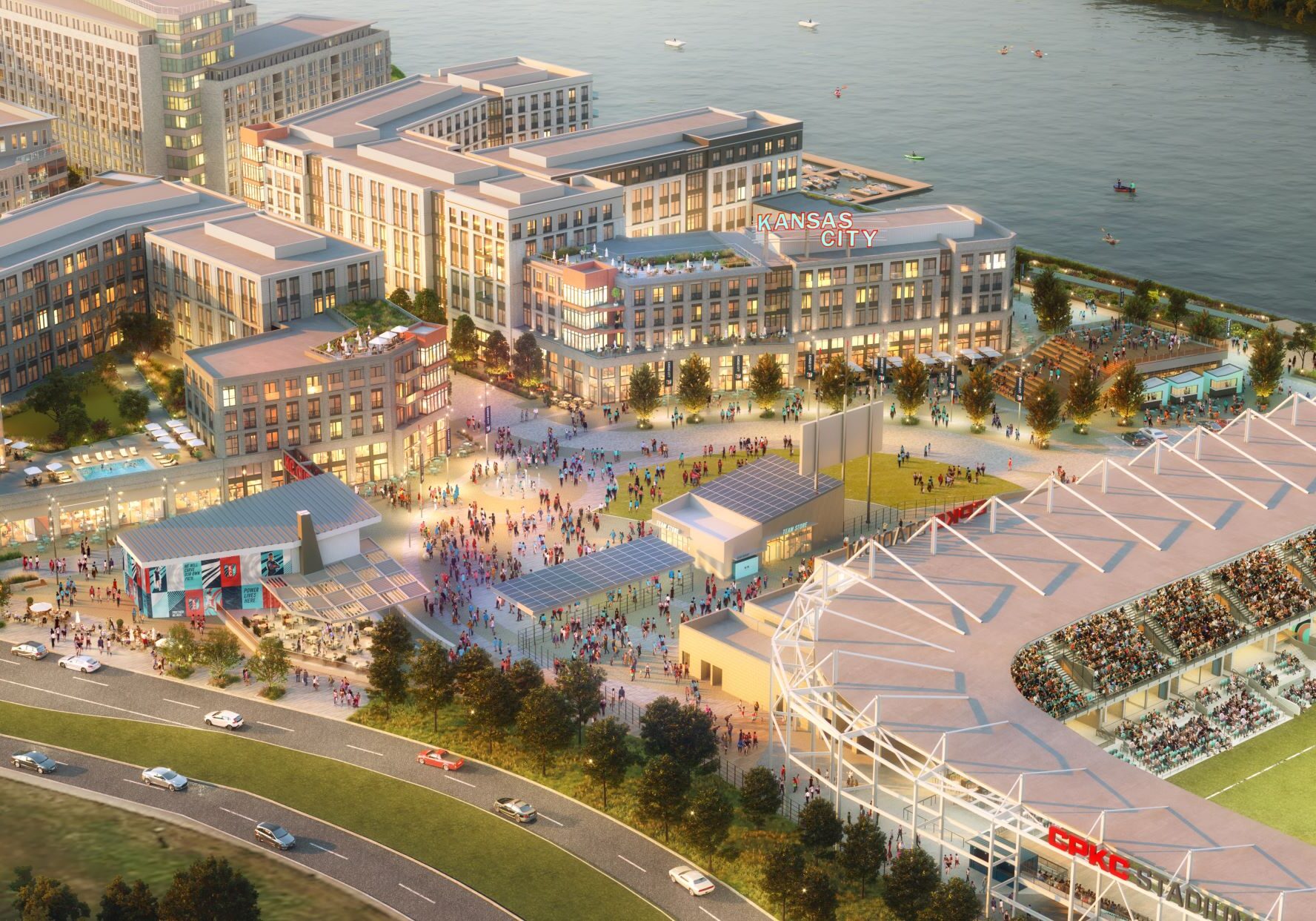 A rendering of an aerial view of the mixed-used project planned west of the new KC Current stadium on the riverfront.