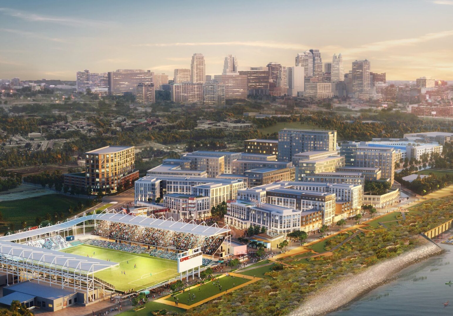 Rendering of a mixed-used development plan next to the new KC Current stadium.